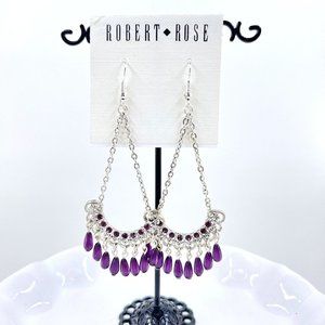 NWT - Robert Rose - Purple Beaded Chandelier Shiny Silver Tone Fishhook Earrings